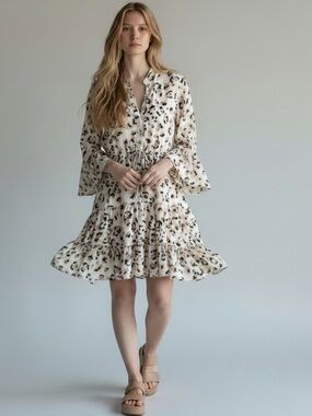 1173. Leopard print button front 3/4 sleeve tiered dress khaki